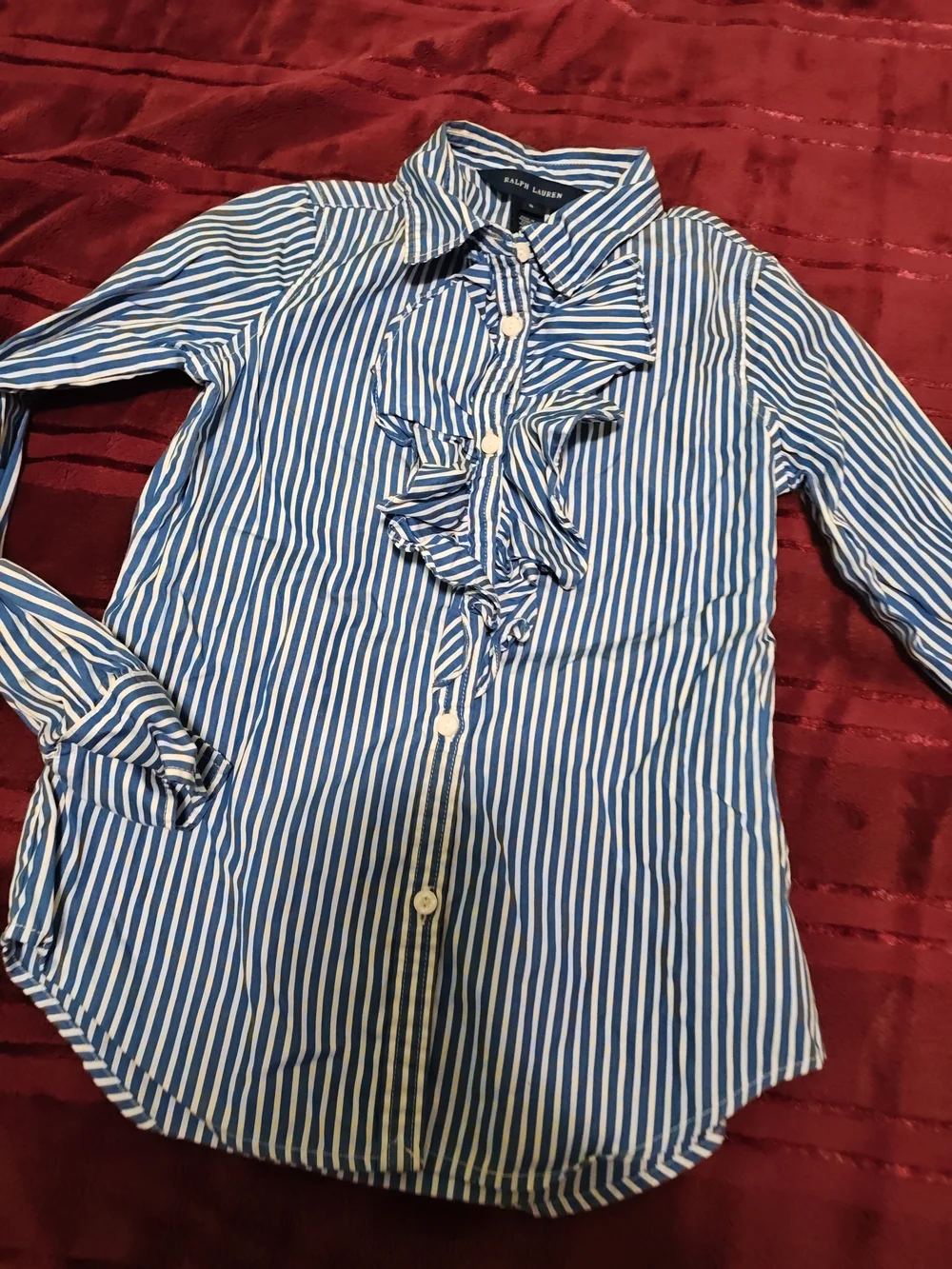 Ralph Lauren Blue & White Striped Ruffle Button-Up 8 Girl